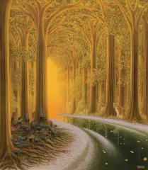 Jacek Yerka, ZŁOTOUJŚCIE, 2021, akryl, płótno