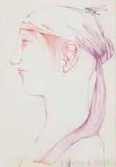 Berta by Barbara Gawdzik-Brzozowska, tusze barwne pióro, papier naklejony na różowe pł., sold Aug 2021