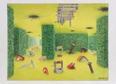 Jacek Yerka, Mentalny labirynt, 2021, kredki, ołówek, papier