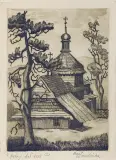 DREWNIANY KOŚCIÓŁEK WŚRÓD DRZEW by Irena Zmarzlińska-Dzisiewska, 1932, akwaforta, akwatinta, papier, offered Jul 2021