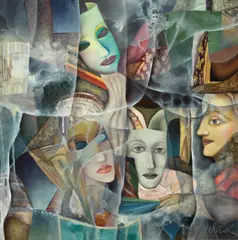 Carnavalul măștilor by Petre Velicu, ulei pe carton, sold Sep 2026