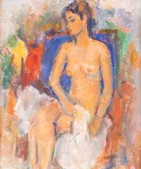 Ion Musceleanu, Nud pe fotoliu, 1986, ulei pe pânză lipită pe carton