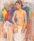 Ion Musceleanu, Nud pe fotoliu, 1986, ulei pe pânză lipită pe carton