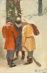 Dimitrie Gavrilean, Vânători, 1982, ulei pe placaj