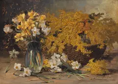 Elena Müller-Stăncescu, Narcise și coș cu sânziene, ulei pe carton