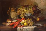 Petre Bărcănescu, Natură statică cu homar și fructe, ulei pe carton