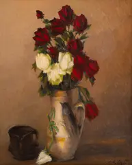 Leon Biju, Canceu cu trandafiri, 1960, ulei pe carton