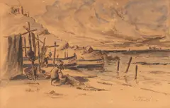 Dimitrie Szilaghi, Pescari în Constanța, 1920, acuarelă pe hârtie lipită pe carton