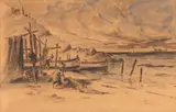 Dimitrie Szilaghi, Pescari în Constanța, 1920, acuarelă pe hârtie lipită pe carton