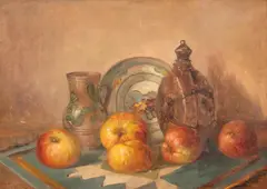 Aurel Popp Ludoșanu, Natură statică cu mere și vase populare, 1925, ulei pe carton