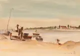 Costin Ioanid, Plajă la Tulcea, 1956, acuarelă și creion pe hârtie