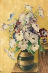 Petunii by Angiolina Santocono, acuarelă și cărbune pe hârtie lipită pe carton, sold Sep 2026