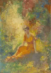 Între flori by Petre Remus Troteanu, 1915, ulei pe carton, sold Sep 2026