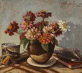 Ioan Papazoglu, Natură statică cu gerbera și pipă, 1942, ulei pe pânză