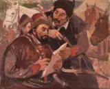 Stoica Dumitrescu, Vin turcii!, ulei pe pânză lipită pe carton