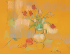 Augustin Costinescu, Natură statică cu lalele și fructe, pastel pe hârtie