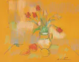 Augustin Costinescu, Natură statică cu lalele și fructe, pastel pe hârtie