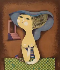 Samy Briss, Elegante au chapeau bleu, cromolitografie