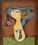 Samy Briss, Elegante au chapeau bleu, cromolitografie