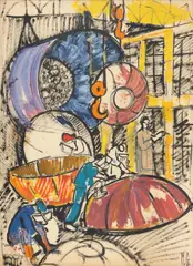 Inspecție la fabrica de avioane by Mihai Gheorghe, tempera și acuarelă pe carton, sold Sep 2026