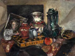 Sorin Ionescu, Natură statică cu vase și tablă de șah, 1931, ulei pe carton