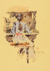 Radu Darânga, Pianista, acuarelă, tuș  și ceracolor pe hârtie