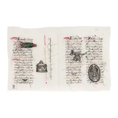 Ștefan Câlția, Pagină de jurnal, 2002, peniță și tușuri colorate pe hârtie
