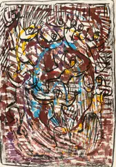 Magdalena Rădulescu, Sărbătoare, 1970, ulei, tuș și cărbune pe hârtie