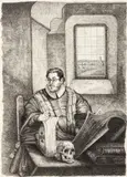 Marius Fodor, Autoportret din secolul XVII, 2023, tuș, pix tehnic și liner pe hârtie