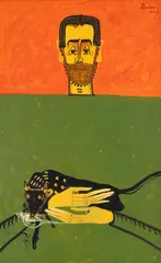 Sorin Ilfoveanu, Bărbat cu pisică, 2004, acrilic pe pânză