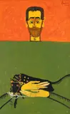Sorin Ilfoveanu, Bărbat cu pisică, 2004, acrilic pe pânză