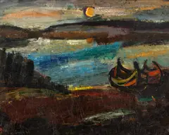Bărci pe înserat by Liviu Suhar, 1972, ulei pe pânză, offered Jul 2026