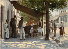 Ludovic Bassarab, Dezbaterea știrilor, cca. 1910, ulei pe carton
