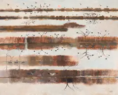 Viorel Mărginean, Apus în Deltă, 1987, ulei pe pânză