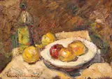 Rudolf Schweitzer–Cumpăna, Natură statică cu fructe și palincă, anii '40, ulei pe carton