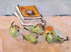 Natură statică cu pere și albume de artă by Alexandru Ciucurencu, 1940, ulei pe carton, sold Jun 2026