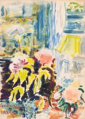 Dimitrie Berea, Bujori la fereastră, 1967, acuarelă, guașă și creioane colorate pe hârtie