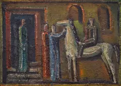 Meeting by Atanas Yaranov, end of 1970's, маслени бои върху шперплат, offered Jun 2026