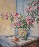 Aleksandra Mechkuevska, Jug with pink roses, маслени бои върху шперплат