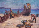 Aleksandra Mechkuevska, Fishing preparations, 1966, маслени бои върху платно