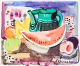Evgeni Bugaev, Still life with teapot and watermelon, 2001, акварел и пастел върху картон