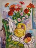 Boris Ivanov, Jug with chrysanthemums, маслени бои върху фазер