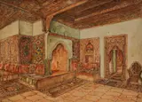 Hristo Kabakchiev, Interior of a manor house in Sofia, 1947, акварел и туш върху хартия