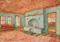 Hristo Kabakchiev, Interior of a Bulgarian Revival house in Veliko Tarnovo, 1930, акварел и туш върху хартия