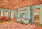 Hristo Kabakchiev, Interior of a Bulgarian Revival house in Veliko Tarnovo, 1930, акварел и туш върху хартия