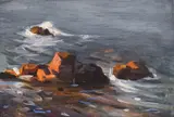 Veselin Tomov, The sea in the evening light, маслени бои върху картон