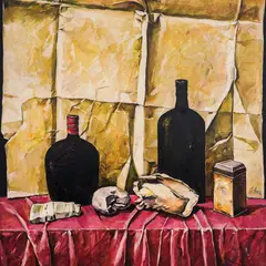 Stefan Yanev, Still life with lobster shell and glass, маслени бои върху платно