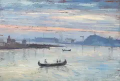 Gheorghe Sarbu, Bărci la asfințit, 1915, ulei pe carton