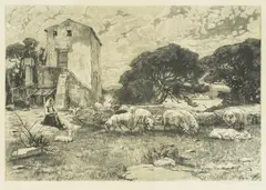 Menci Clement Crnčić, Shepherdess, tempera on paper