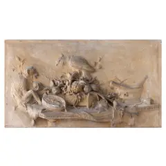 Emil Wilhelm Becker, Ornament decorativ în basorelief, ilustrând o natură statică cu maimuță și papagal, ipsos